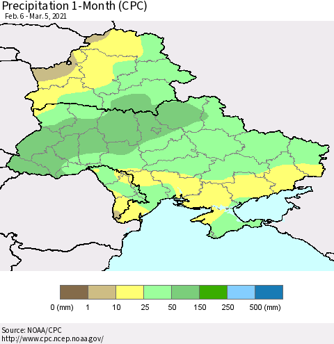 Ukraine, Moldova and Belarus Precipitation 1-Month (CPC) Thematic Map For 2/6/2021 - 3/5/2021