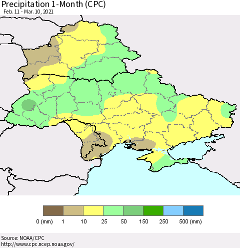 Ukraine, Moldova and Belarus Precipitation 1-Month (CPC) Thematic Map For 2/11/2021 - 3/10/2021