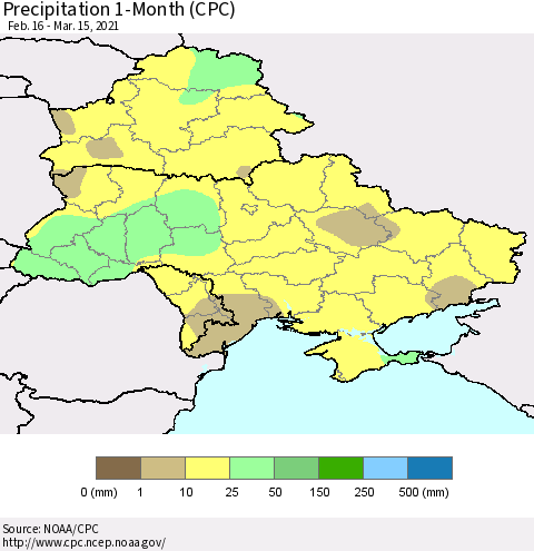 Ukraine, Moldova and Belarus Precipitation 1-Month (CPC) Thematic Map For 2/16/2021 - 3/15/2021