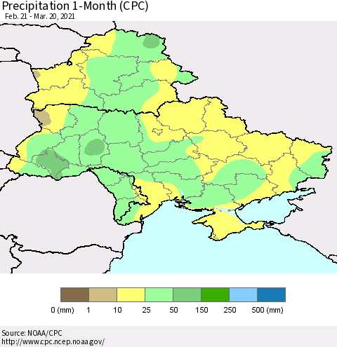 Ukraine, Moldova and Belarus Precipitation 1-Month (CPC) Thematic Map For 2/21/2021 - 3/20/2021