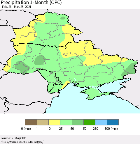 Ukraine, Moldova and Belarus Precipitation 1-Month (CPC) Thematic Map For 2/26/2021 - 3/25/2021