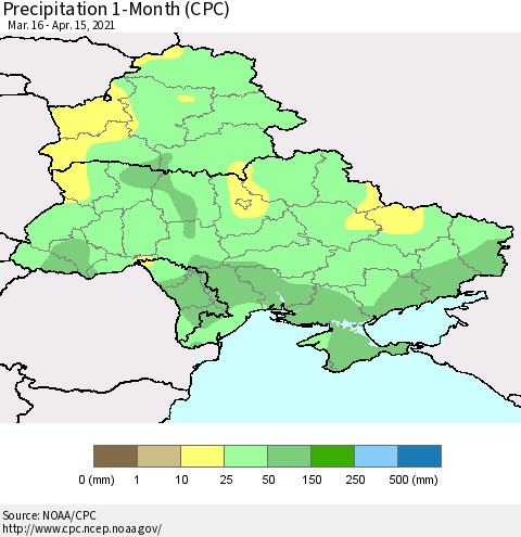 Ukraine, Moldova and Belarus Precipitation 1-Month (CPC) Thematic Map For 3/16/2021 - 4/15/2021