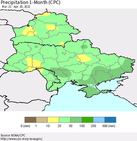 Ukraine, Moldova and Belarus Precipitation 1-Month (CPC) Thematic Map For 3/21/2021 - 4/20/2021