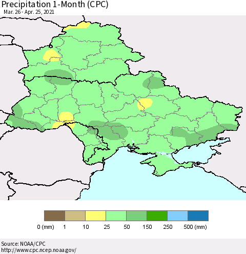 Ukraine, Moldova and Belarus Precipitation 1-Month (CPC) Thematic Map For 3/26/2021 - 4/25/2021