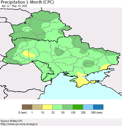 Ukraine, Moldova and Belarus Precipitation 1-Month (CPC) Thematic Map For 4/11/2021 - 5/10/2021