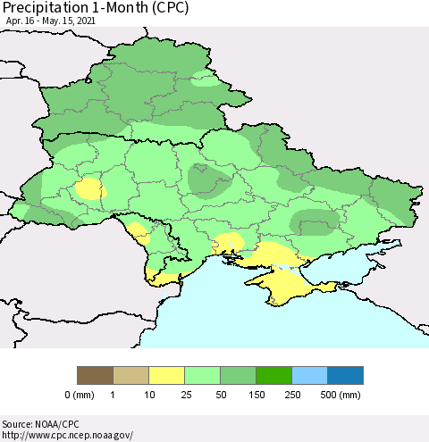 Ukraine, Moldova and Belarus Precipitation 1-Month (CPC) Thematic Map For 4/16/2021 - 5/15/2021