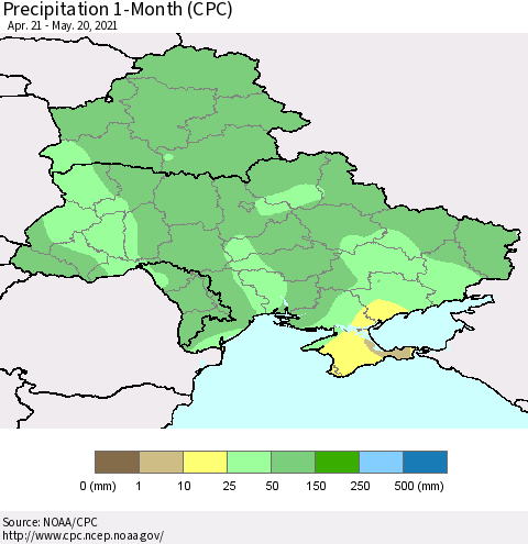 Ukraine, Moldova and Belarus Precipitation 1-Month (CPC) Thematic Map For 4/21/2021 - 5/20/2021