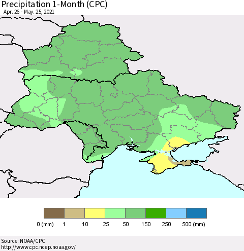 Ukraine, Moldova and Belarus Precipitation 1-Month (CPC) Thematic Map For 4/26/2021 - 5/25/2021
