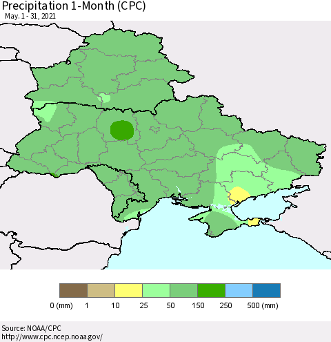 Ukraine, Moldova and Belarus Precipitation 1-Month (CPC) Thematic Map For 5/1/2021 - 5/31/2021