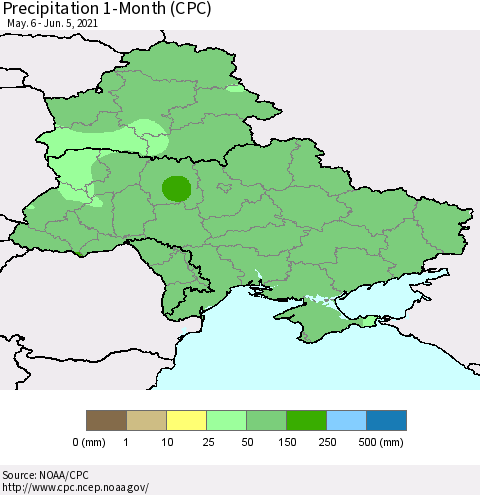 Ukraine, Moldova and Belarus Precipitation 1-Month (CPC) Thematic Map For 5/6/2021 - 6/5/2021