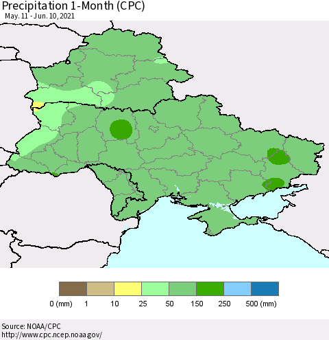 Ukraine, Moldova and Belarus Precipitation 1-Month (CPC) Thematic Map For 5/11/2021 - 6/10/2021