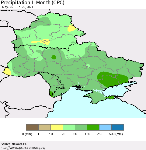 Ukraine, Moldova and Belarus Precipitation 1-Month (CPC) Thematic Map For 5/26/2021 - 6/25/2021