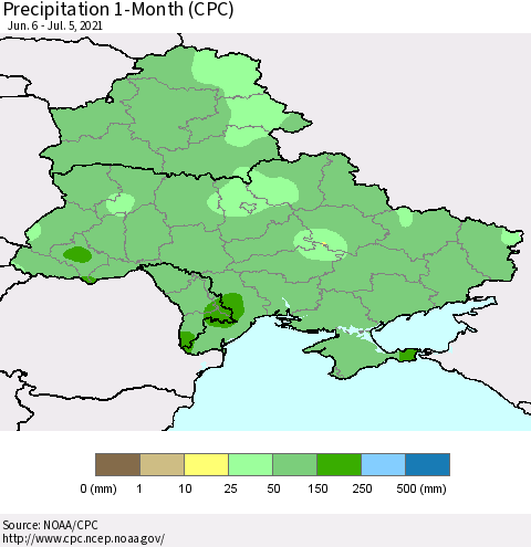 Ukraine, Moldova and Belarus Precipitation 1-Month (CPC) Thematic Map For 6/6/2021 - 7/5/2021