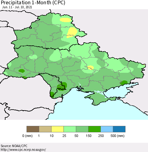 Ukraine, Moldova and Belarus Precipitation 1-Month (CPC) Thematic Map For 6/11/2021 - 7/10/2021