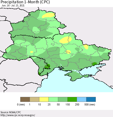 Ukraine, Moldova and Belarus Precipitation 1-Month (CPC) Thematic Map For 6/16/2021 - 7/15/2021