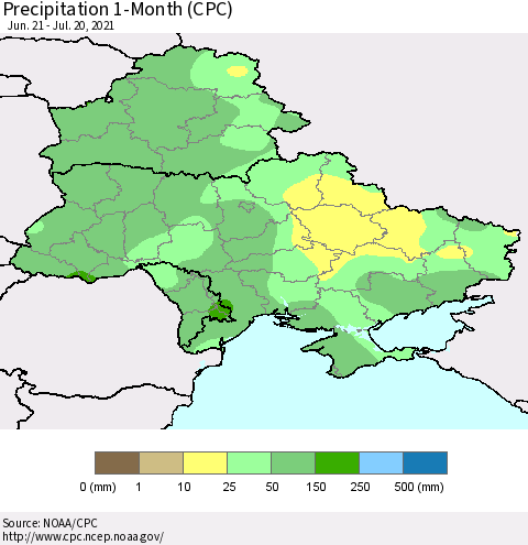 Ukraine, Moldova and Belarus Precipitation 1-Month (CPC) Thematic Map For 6/21/2021 - 7/20/2021