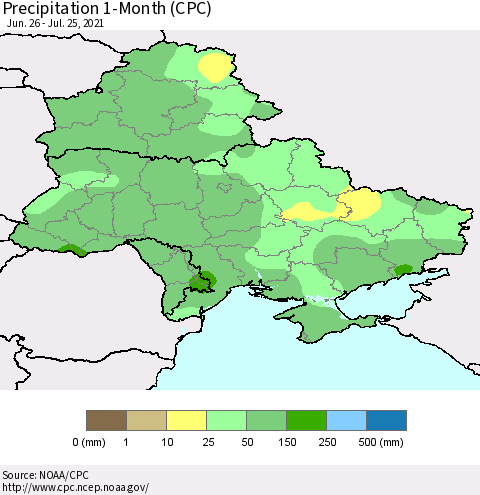 Ukraine, Moldova and Belarus Precipitation 1-Month (CPC) Thematic Map For 6/26/2021 - 7/25/2021