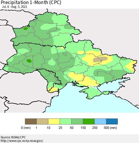 Ukraine, Moldova and Belarus Precipitation 1-Month (CPC) Thematic Map For 7/6/2021 - 8/5/2021