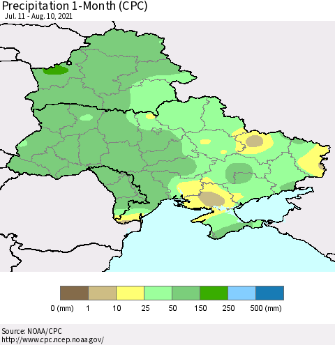 Ukraine, Moldova and Belarus Precipitation 1-Month (CPC) Thematic Map For 7/11/2021 - 8/10/2021