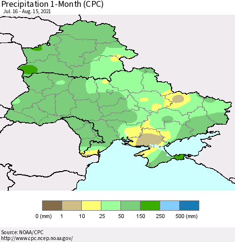 Ukraine, Moldova and Belarus Precipitation 1-Month (CPC) Thematic Map For 7/16/2021 - 8/15/2021