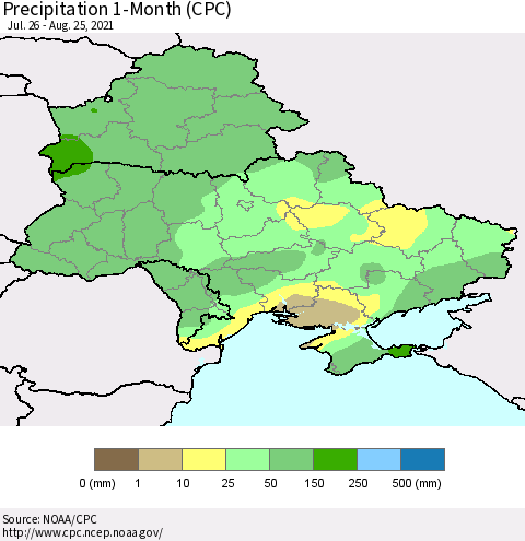 Ukraine, Moldova and Belarus Precipitation 1-Month (CPC) Thematic Map For 7/26/2021 - 8/25/2021