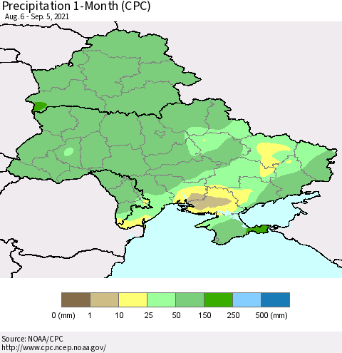 Ukraine, Moldova and Belarus Precipitation 1-Month (CPC) Thematic Map For 8/6/2021 - 9/5/2021