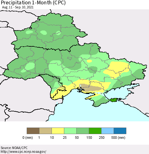 Ukraine, Moldova and Belarus Precipitation 1-Month (CPC) Thematic Map For 8/11/2021 - 9/10/2021