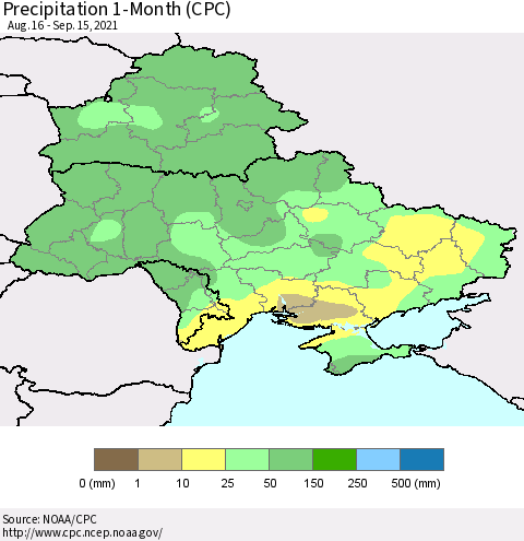 Ukraine, Moldova and Belarus Precipitation 1-Month (CPC) Thematic Map For 8/16/2021 - 9/15/2021