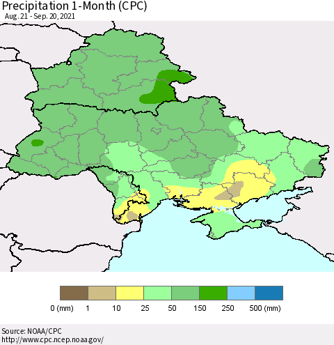 Ukraine, Moldova and Belarus Precipitation 1-Month (CPC) Thematic Map For 8/21/2021 - 9/20/2021