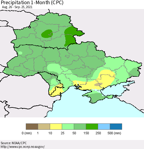 Ukraine, Moldova and Belarus Precipitation 1-Month (CPC) Thematic Map For 8/26/2021 - 9/25/2021