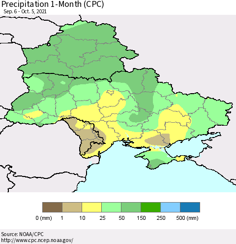 Ukraine, Moldova and Belarus Precipitation 1-Month (CPC) Thematic Map For 9/6/2021 - 10/5/2021