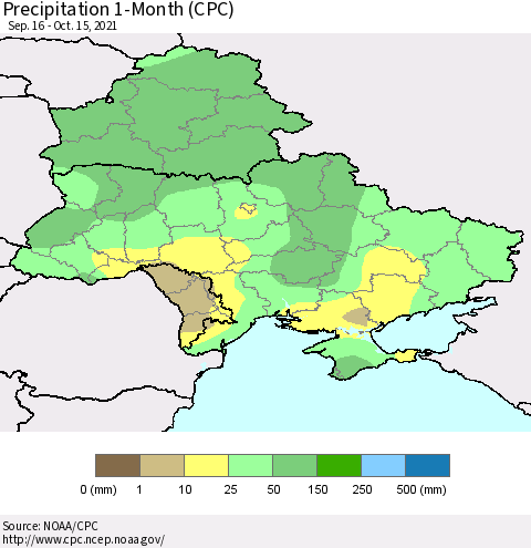 Ukraine, Moldova and Belarus Precipitation 1-Month (CPC) Thematic Map For 9/16/2021 - 10/15/2021