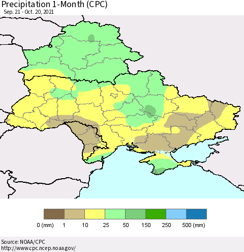 Ukraine, Moldova and Belarus Precipitation 1-Month (CPC) Thematic Map For 9/21/2021 - 10/20/2021
