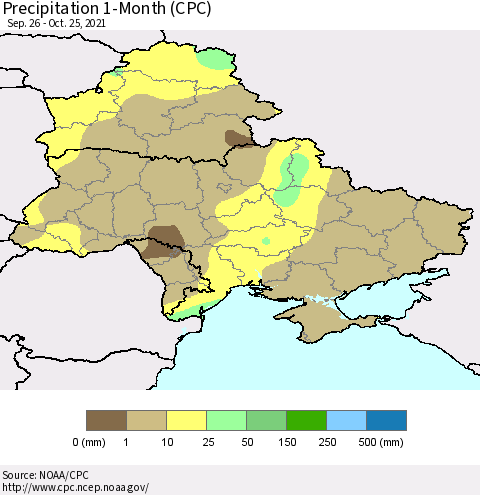 Ukraine, Moldova and Belarus Precipitation 1-Month (CPC) Thematic Map For 9/26/2021 - 10/25/2021