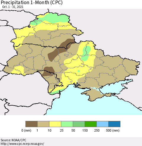 Ukraine, Moldova and Belarus Precipitation 1-Month (CPC) Thematic Map For 10/1/2021 - 10/31/2021