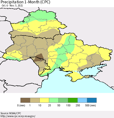 Ukraine, Moldova and Belarus Precipitation 1-Month (CPC) Thematic Map For 10/6/2021 - 11/5/2021