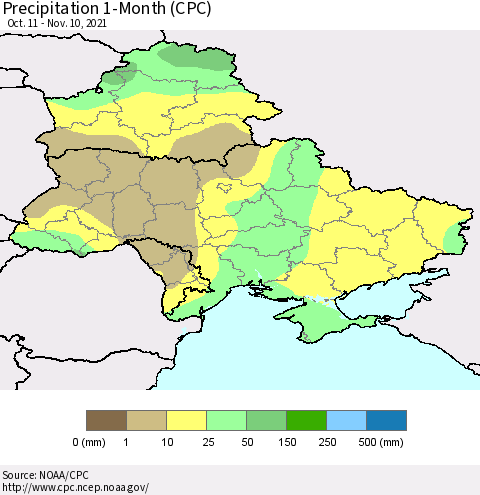 Ukraine, Moldova and Belarus Precipitation 1-Month (CPC) Thematic Map For 10/11/2021 - 11/10/2021