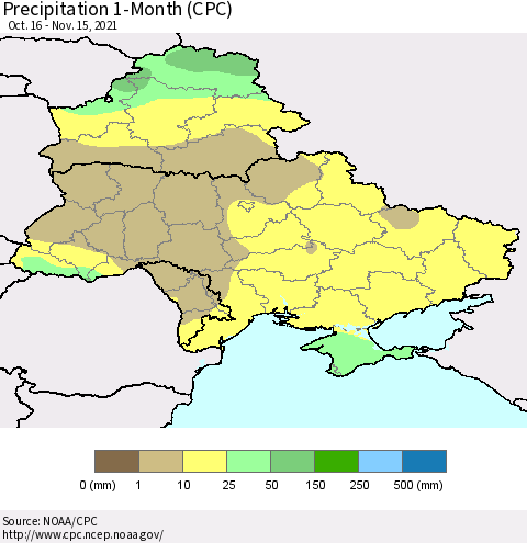 Ukraine, Moldova and Belarus Precipitation 1-Month (CPC) Thematic Map For 10/16/2021 - 11/15/2021
