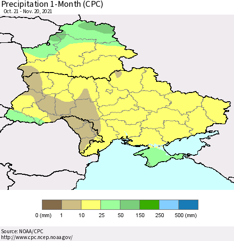 Ukraine, Moldova and Belarus Precipitation 1-Month (CPC) Thematic Map For 10/21/2021 - 11/20/2021