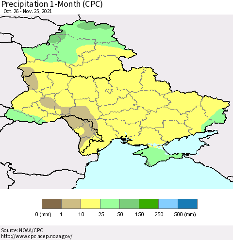 Ukraine, Moldova and Belarus Precipitation 1-Month (CPC) Thematic Map For 10/26/2021 - 11/25/2021