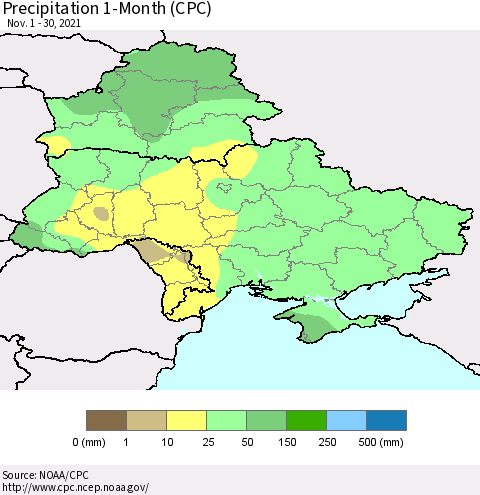 Ukraine, Moldova and Belarus Precipitation 1-Month (CPC) Thematic Map For 11/1/2021 - 11/30/2021