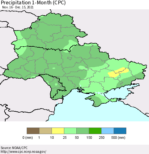 Ukraine, Moldova and Belarus Precipitation 1-Month (CPC) Thematic Map For 11/16/2021 - 12/15/2021