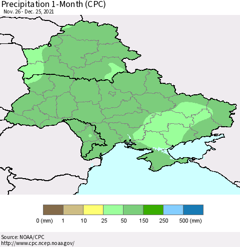 Ukraine, Moldova and Belarus Precipitation 1-Month (CPC) Thematic Map For 11/26/2021 - 12/25/2021