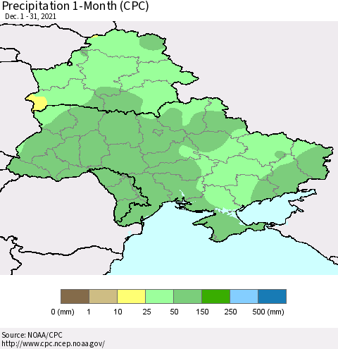 Ukraine, Moldova and Belarus Precipitation 1-Month (CPC) Thematic Map For 12/1/2021 - 12/31/2021