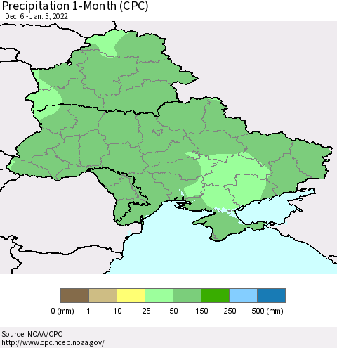 Ukraine, Moldova and Belarus Precipitation 1-Month (CPC) Thematic Map For 12/6/2021 - 1/5/2022