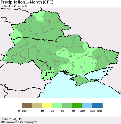 Ukraine, Moldova and Belarus Precipitation 1-Month (CPC) Thematic Map For 12/11/2021 - 1/10/2022