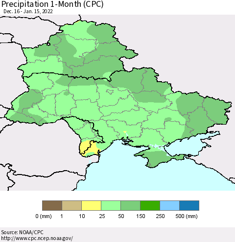 Ukraine, Moldova and Belarus Precipitation 1-Month (CPC) Thematic Map For 12/16/2021 - 1/15/2022