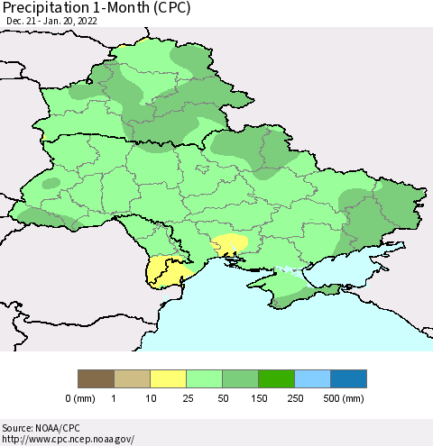 Ukraine, Moldova and Belarus Precipitation 1-Month (CPC) Thematic Map For 12/21/2021 - 1/20/2022