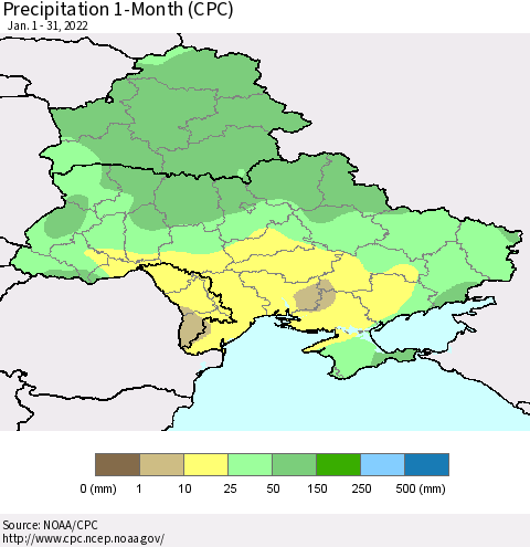 Ukraine, Moldova and Belarus Precipitation 1-Month (CPC) Thematic Map For 1/1/2022 - 1/31/2022
