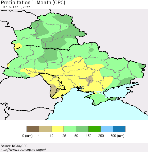 Ukraine, Moldova and Belarus Precipitation 1-Month (CPC) Thematic Map For 1/6/2022 - 2/5/2022